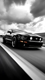 Black sports car powers down highway beneath storm clouds.