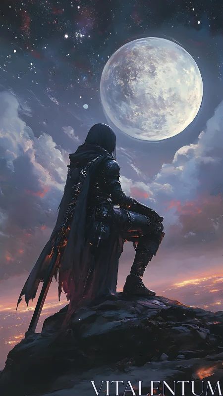 Hooded lunar sentinel on cliff, backlit by expansive moon