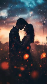 Two Souls Kiss Where Embers Dance Through Twilight Rain