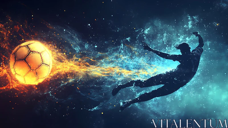 Dynamic soccer striker silhouette with fiery cosmic ball.