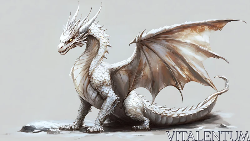 White scaled dragon resting on pale ground in profile view.