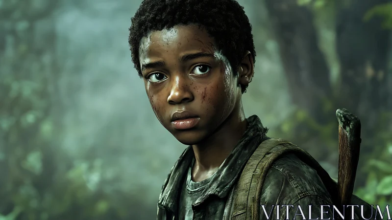 Young survivor portrait in dense forest wilderness.