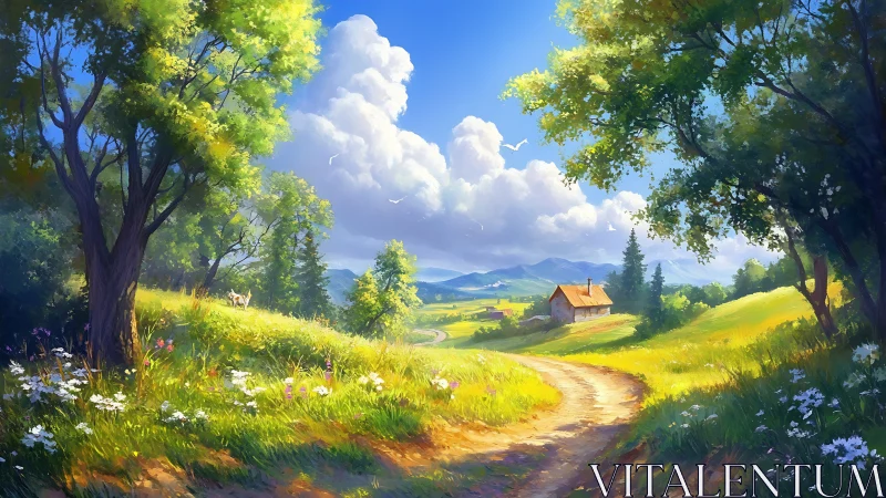 Sunlit country lane leading toward distant farm cottage.