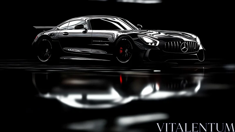 High-contrast studio render of black Mercedes AMG coupe profile