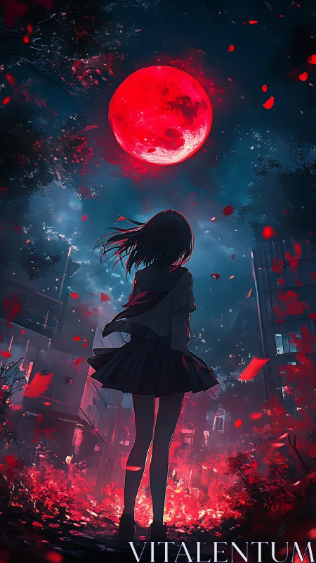 Girl under red moon in urban night street with petals.