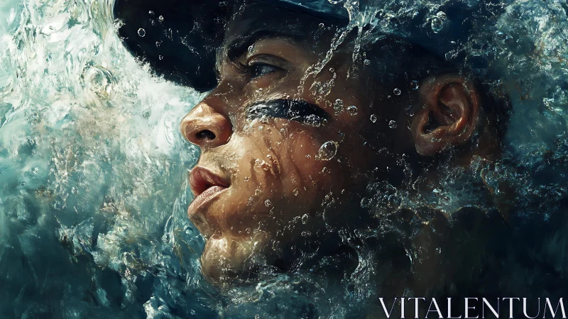 Digital portrait of athlete submerged in turbulent water.