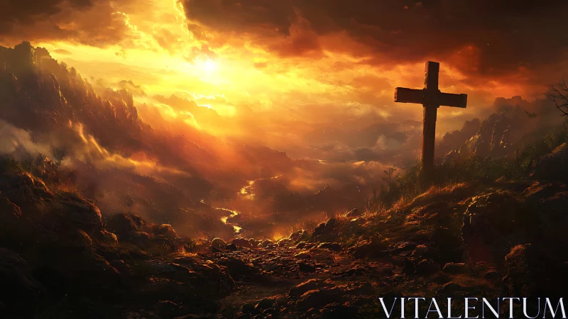 Sunlit mountain cross above glowing valley river at dusk