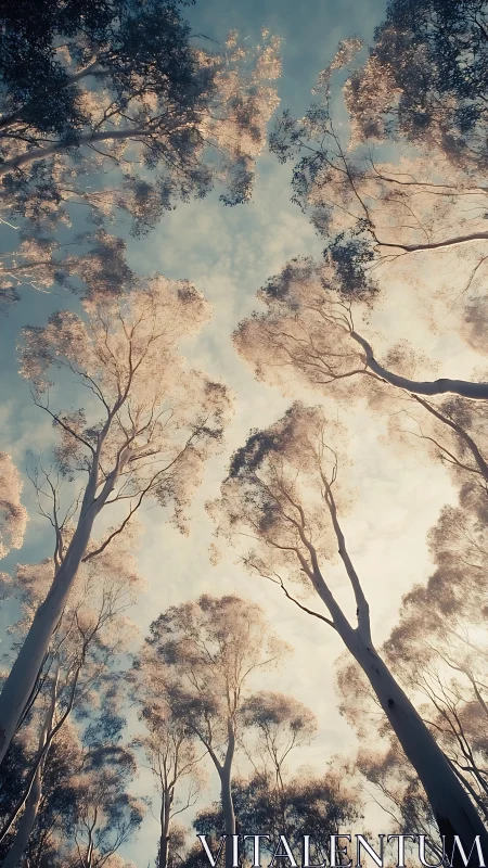 Ethereal eucalyptus canopy under soft pastel daylight sky.