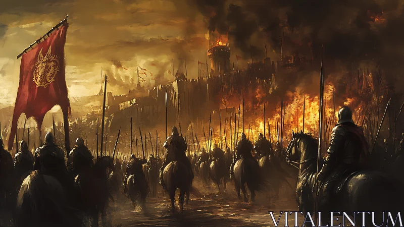 Crimson standard rises above knights at a burning fortress.