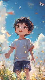 Joyful child in summer field with butterflies under sky.