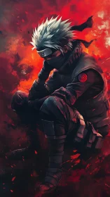Stoic masked warrior resting amid swirling crimson fire.