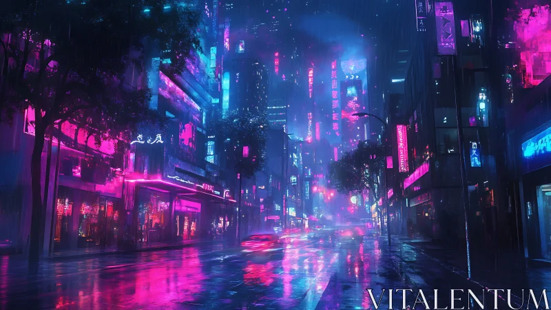 Neon cyberpunk street under rain with glowing city lights.