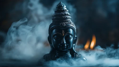 Black Buddha statue amid blue incense smoke and flame.