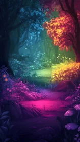 Bioluminescent Forest Clearing with Chromatic Light Gradient Transitions