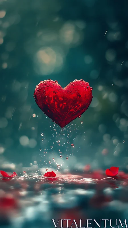 Levitating Red Heart in Rain: Ethereal Digital Composition.