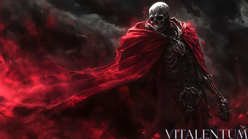 Skeletal armored figure stands in red cloak amid swirling smoke