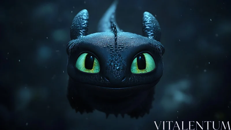 Close-up of luminous-eyed dragon in moody blue light.