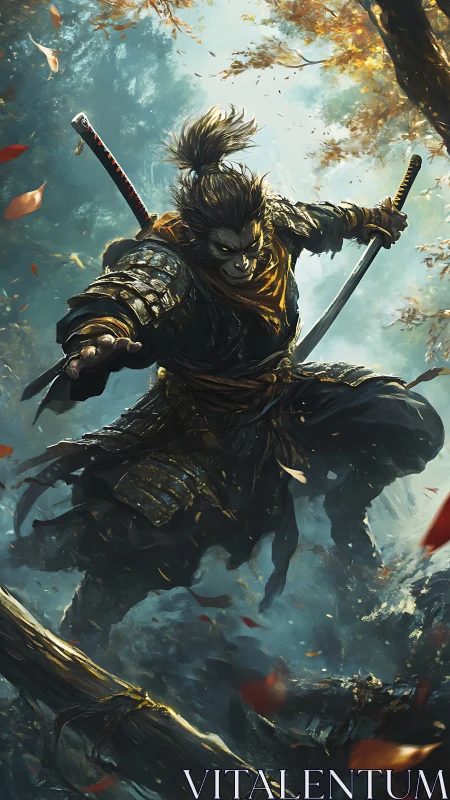 Dynamic armored samurai lunges through autumn forest canopy