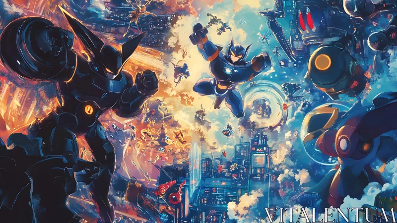 Armored mechs clash above neon sci fi cloud city skyline