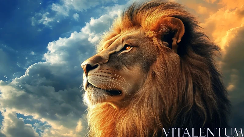 Lion profile under dramatic sunset sky, glowing mane