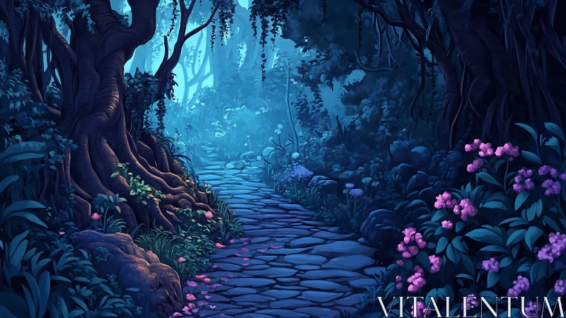 Enchanted Forest Path with Blooming Flowers.