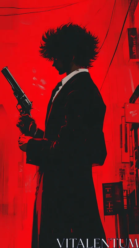 Silhouetted gunman in red urban alley with noir tension.