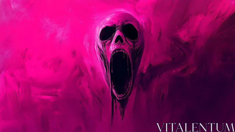 Distorted open-mouthed skull form emerges from magenta fog