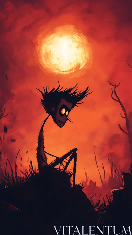 Silhouetted figure under large sun in red abstract sky.