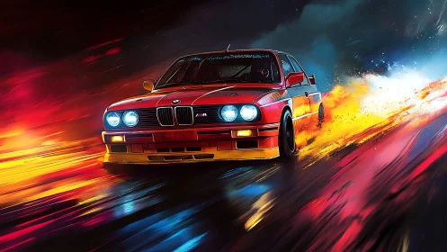 Retro red street racer ignites neon rain with blazing drift.