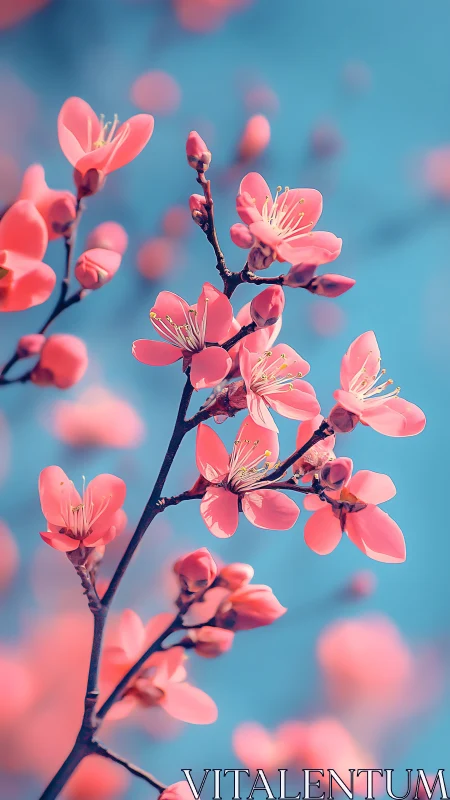 Coral Pink Cherry Blossoms with Selective Focus Against Cyan Blue Gradient Background