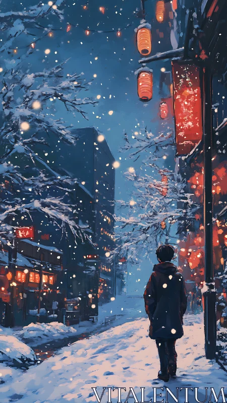 Snowfall street study with lantern luminance and figure solitude.