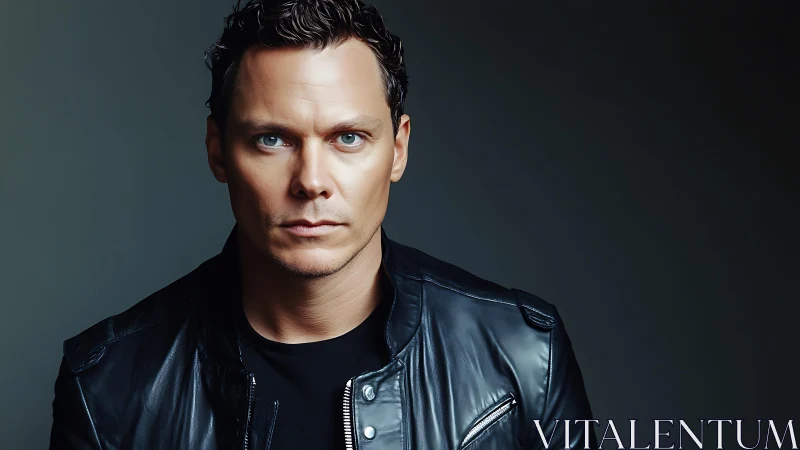 Serious man in black leather jacket against dark backdrop