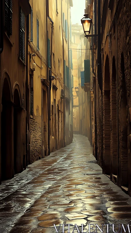Wet cobblestone alley in hazy backlight with strong linear perspective