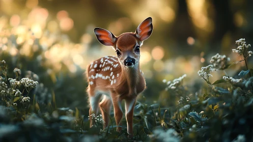 Gentle fawn pauses in a sunlit forest meadow of soft blooms