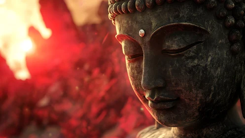 Gentle Buddha statue glows calmly in warm red sunset light