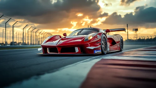 Sunset sprint with a sleek red race car on the circuit.