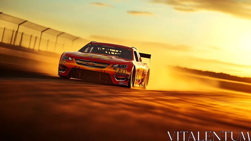 Sunlit stock car drifting through golden dust at speed.