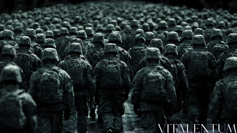 Endless March of Silent Soldiers in Steel Green Dusk.