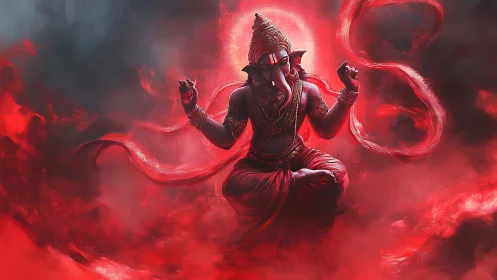 Deity-like elephant figure levitates in high-contrast red nebular haze