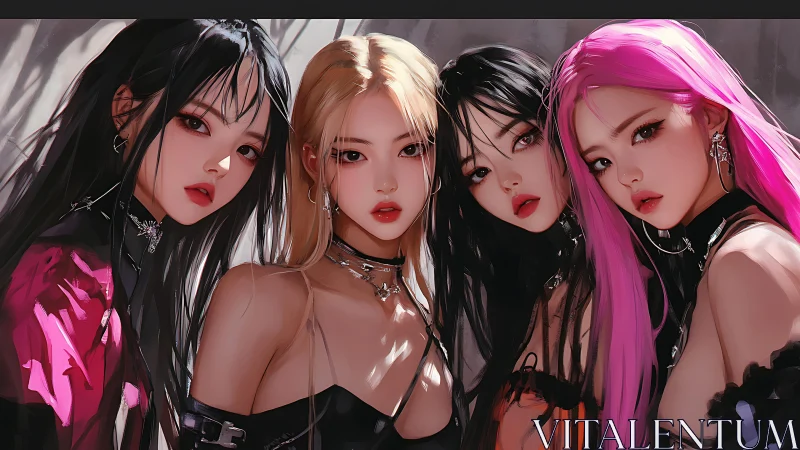 Four stylized women pose closely in high-detail digital art