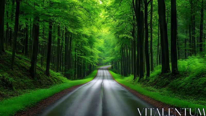 Serene Winding Road Through Lush Green Forest, Photorealistic Style.