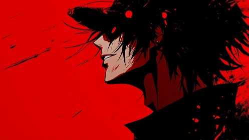 High‑contrast anime profile under saturated red field.