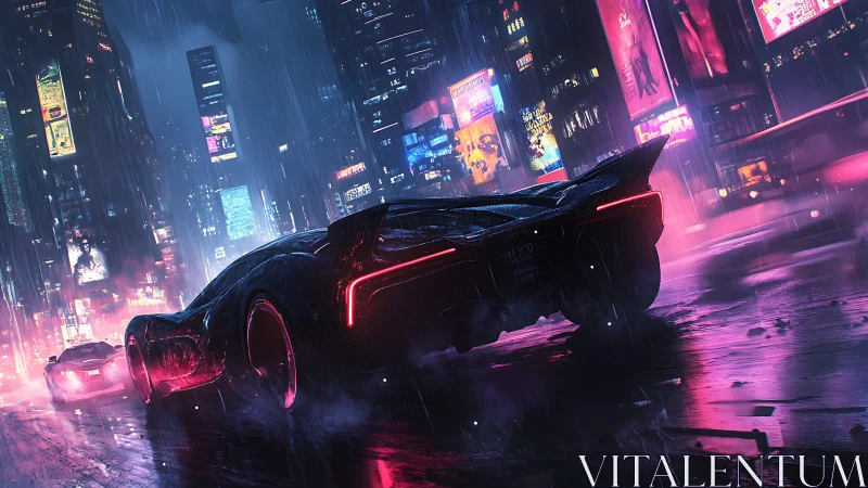 Neon street racers slicing through a rain soaked future city.