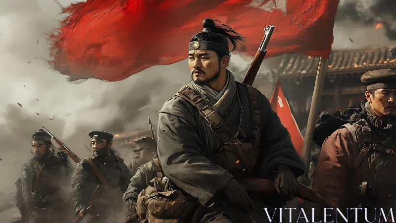 Militarized warrior unit advances under red banners in smoky battlefield