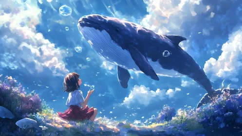 Sky meadow meeting between a gentle whale and curious girl.