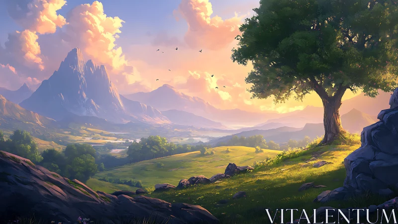 Digital landscape with mountain range and lone tree.