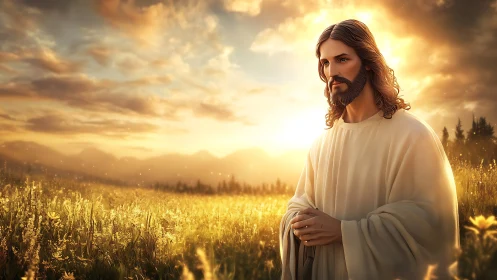 Sunlit figure walks softly through a meadow of golden prayers