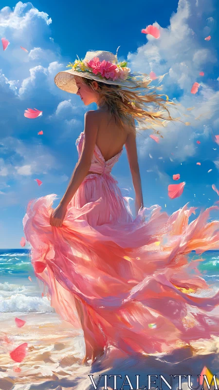 Figure in pink dress stands on shoreline under clouded sky