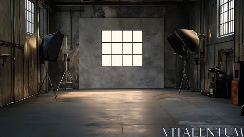 Industrial photo studio with softbox lighting equipment.