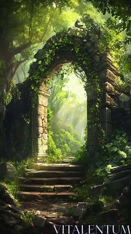 Stone forest archway stands over mossy steps in sunlight